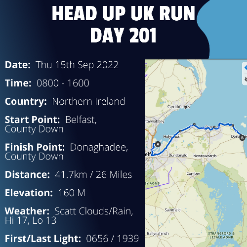 Run Route Day 201 - Belfast, County Down - Donaghadee, County Down If you would like to join Paul along this route or part of it, please feel free to turn up on the day. If you are able to set up a fundraiser at the same time, even better! Please go to the 'Paul's Run' page a select the fundraise for Pauls event link. This will take you to the JustGiving account where you can then set up your own fundraiser.
If you are part of a group, business, organisation or establishment and would like to help or be involved on the day, please get in touch at paul@head-up.org.uk
If you are able to put a poster up anywhere in your local area, Please ask and we will be happy to send you as many copies as you need.